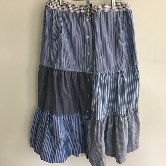 Tiered boho, cottagecore patchwork prairie.  men’s shirt upcycle maxi skirt S-XL - Picture 2 of 13